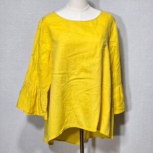 John Mark Linen Tunic‎ Top Womens Medium High Low Hem Yellow Bell Sleeve Classic